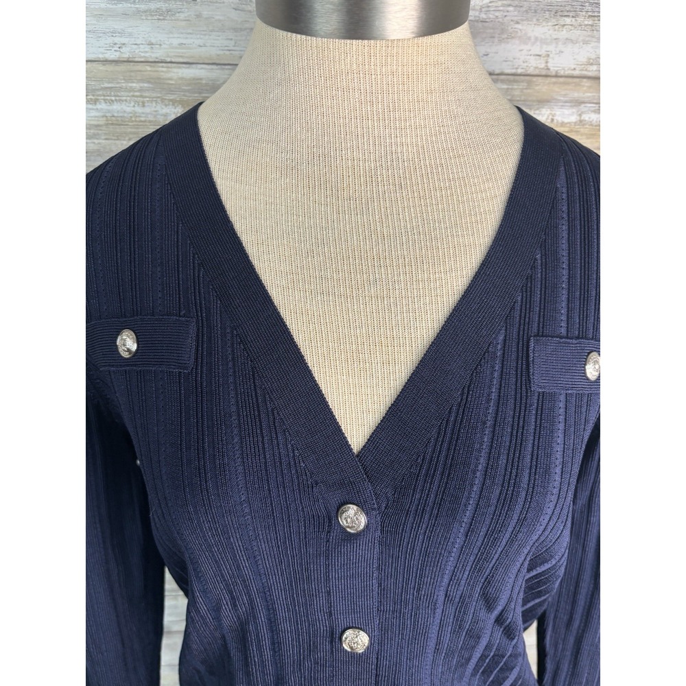 White House Black Market WHBM Womens M Snap Front Cardigan Sweater Stretchy Navy - Picture 2 of 8